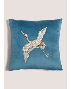 Teal EmbroideCrane Cushion (43cm x 43cm)-Blue