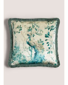 Peacock Print Fringe Edge Cushion (43cm x 43cm)