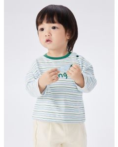 Baby Boy Print Tricolor Stripes Round V-Neck Long-Sleeved T-Shirt