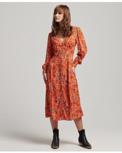 Printed V-Neck Midi Tea Dress