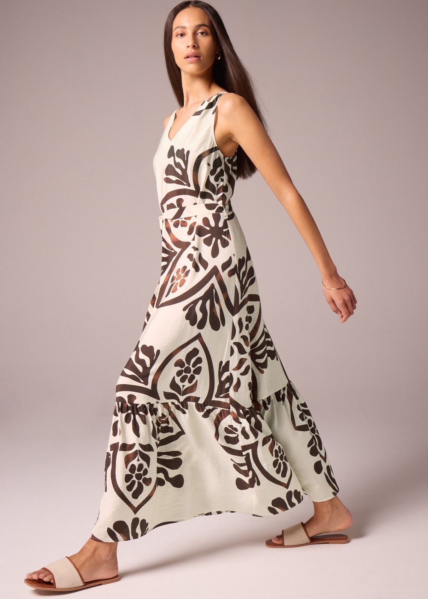 Abstract Leaf Pattern Tie Waist Maxi Dress