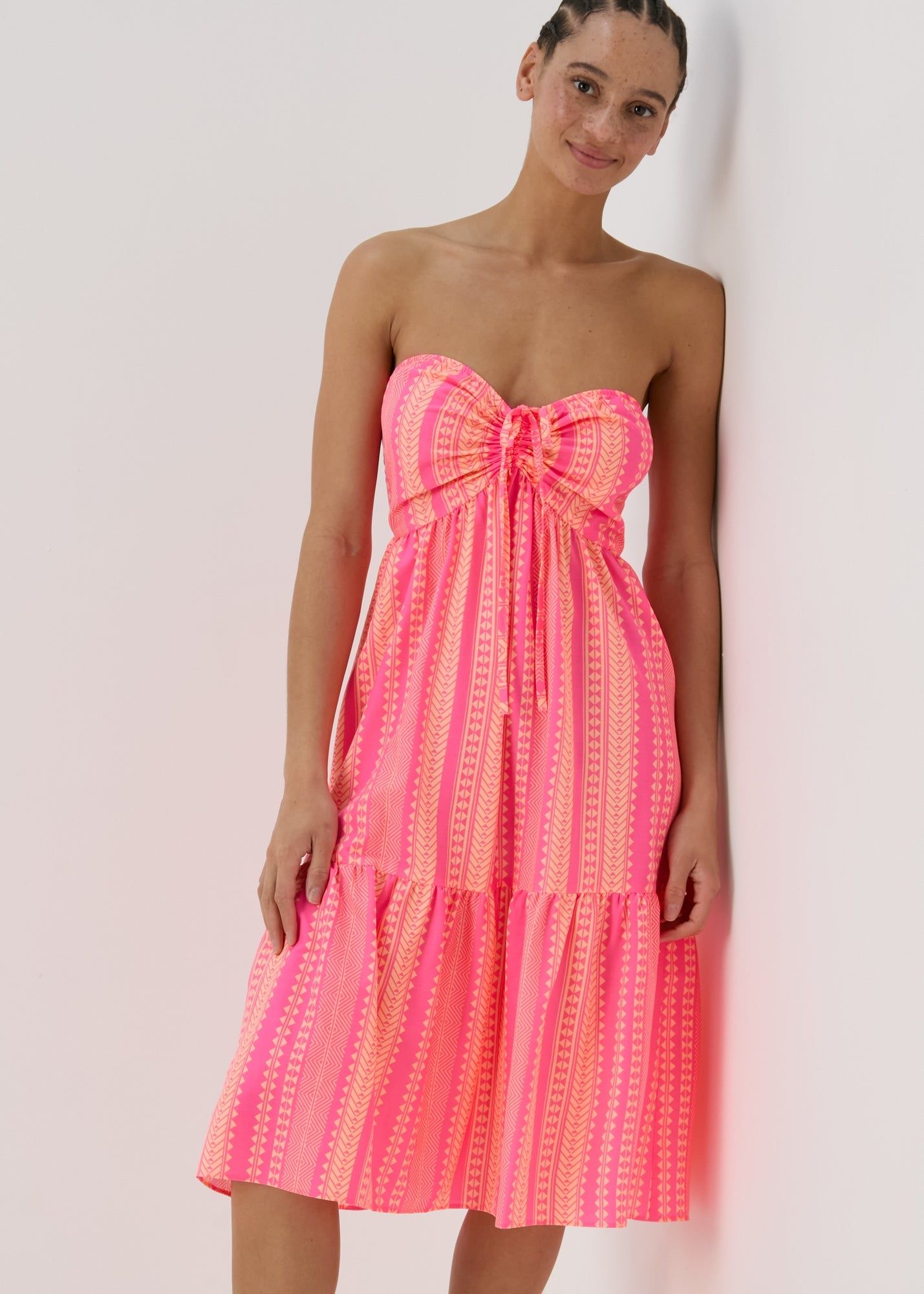 Aztec Ruched Bandeau Midi Dress