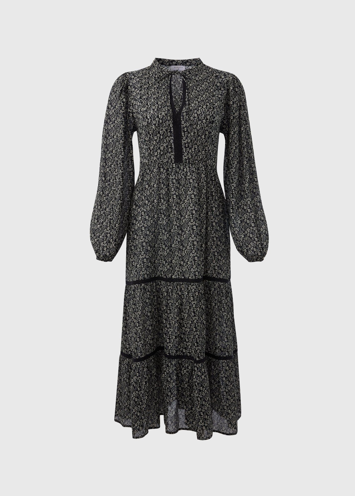Floral Lace Trim Midi Dress-Black 