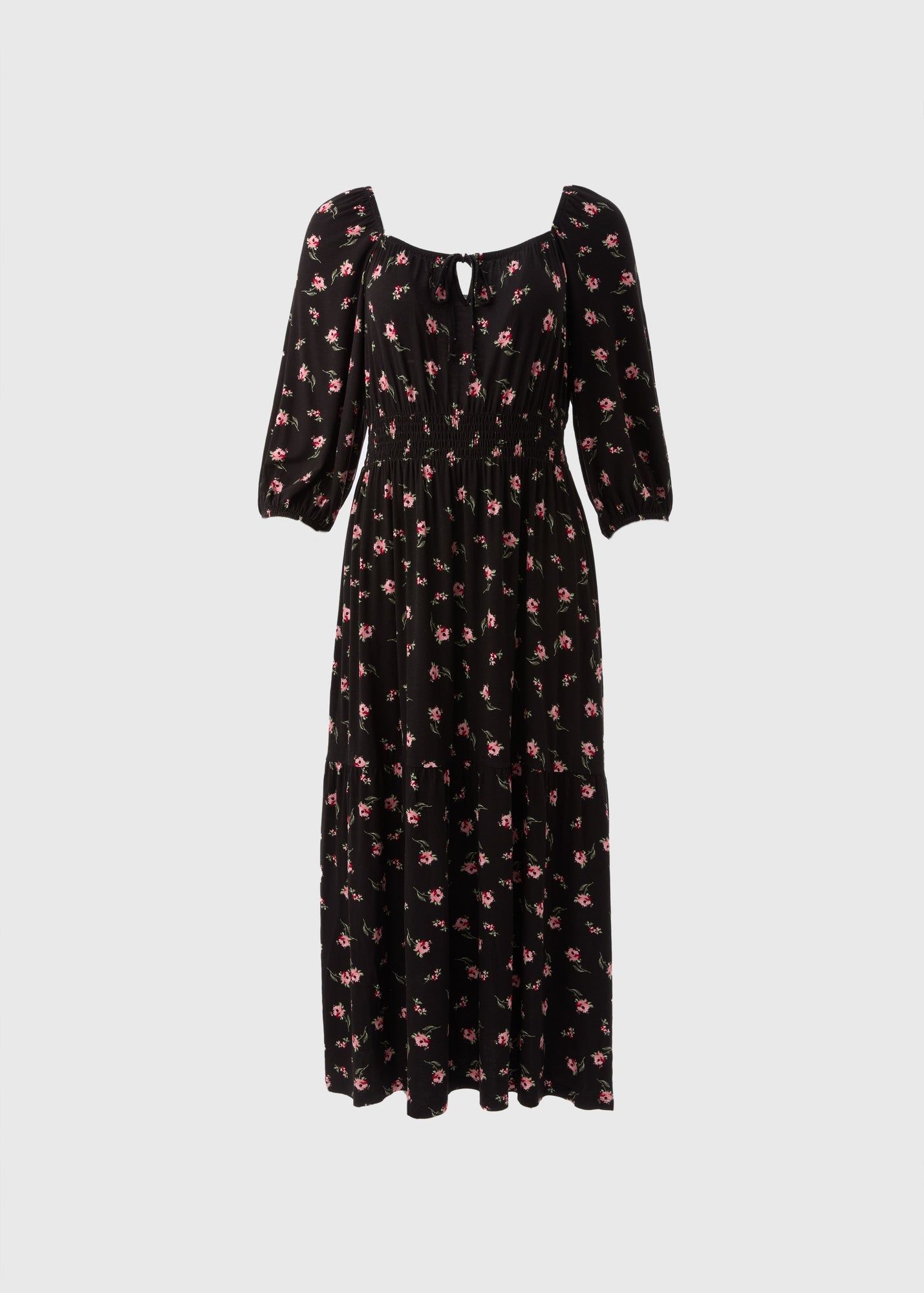 Floral Shirred Midi Dress-Black 
