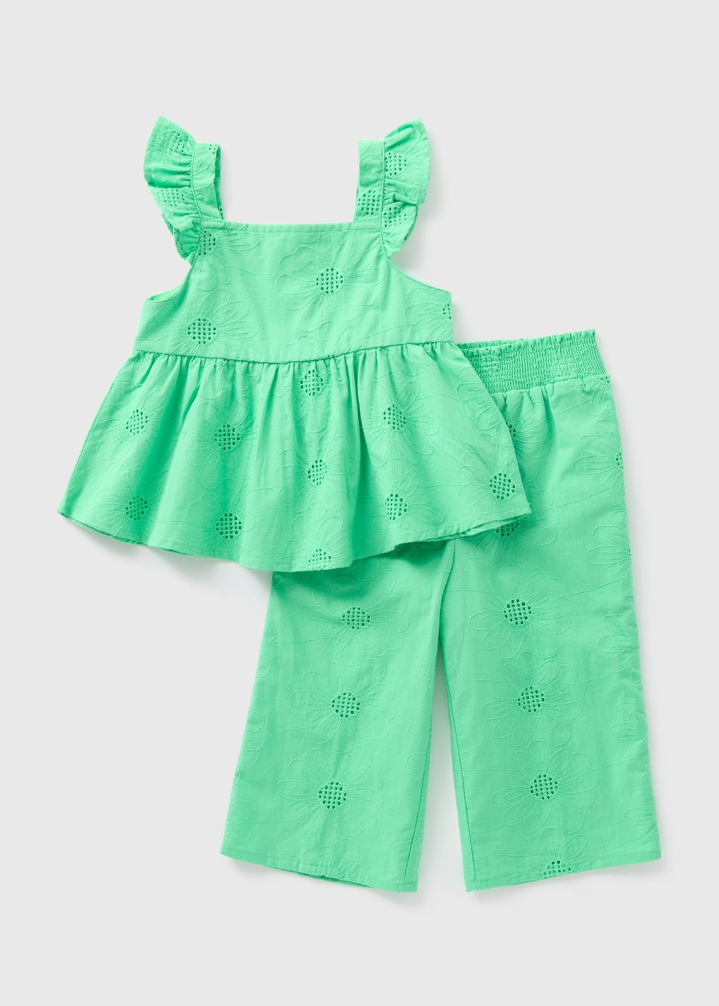 Girls Embroidered Co Ord Top & Trousers Set-Green