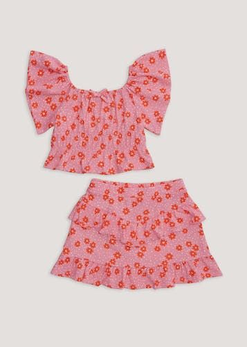 Girls Pink Floral Top & Skirt Co-Ord Set