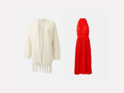 Pleated Midi Dress and Papaya Fringe Cardigan 