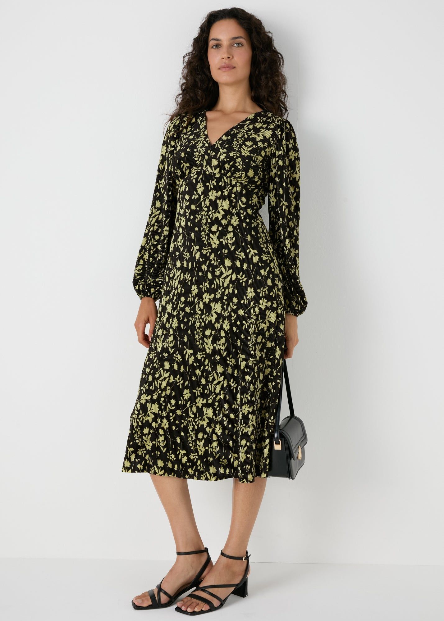 Plisse Floral Midi Dress-Black/Green