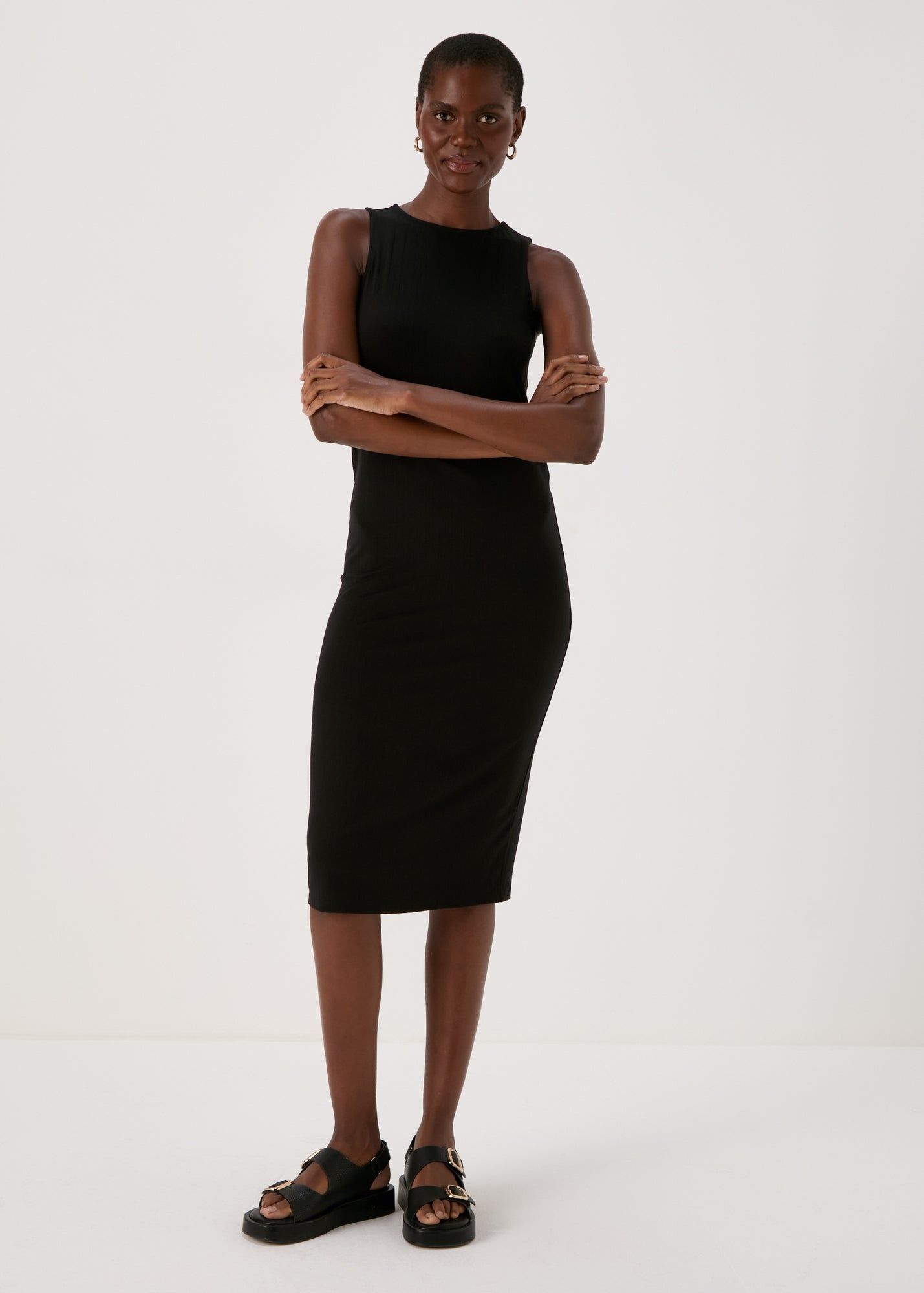 Racer Ribbed Midi Dress-Black