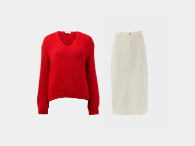 Red V-Neck Jumper and Denim Off-White Mini Skirt 