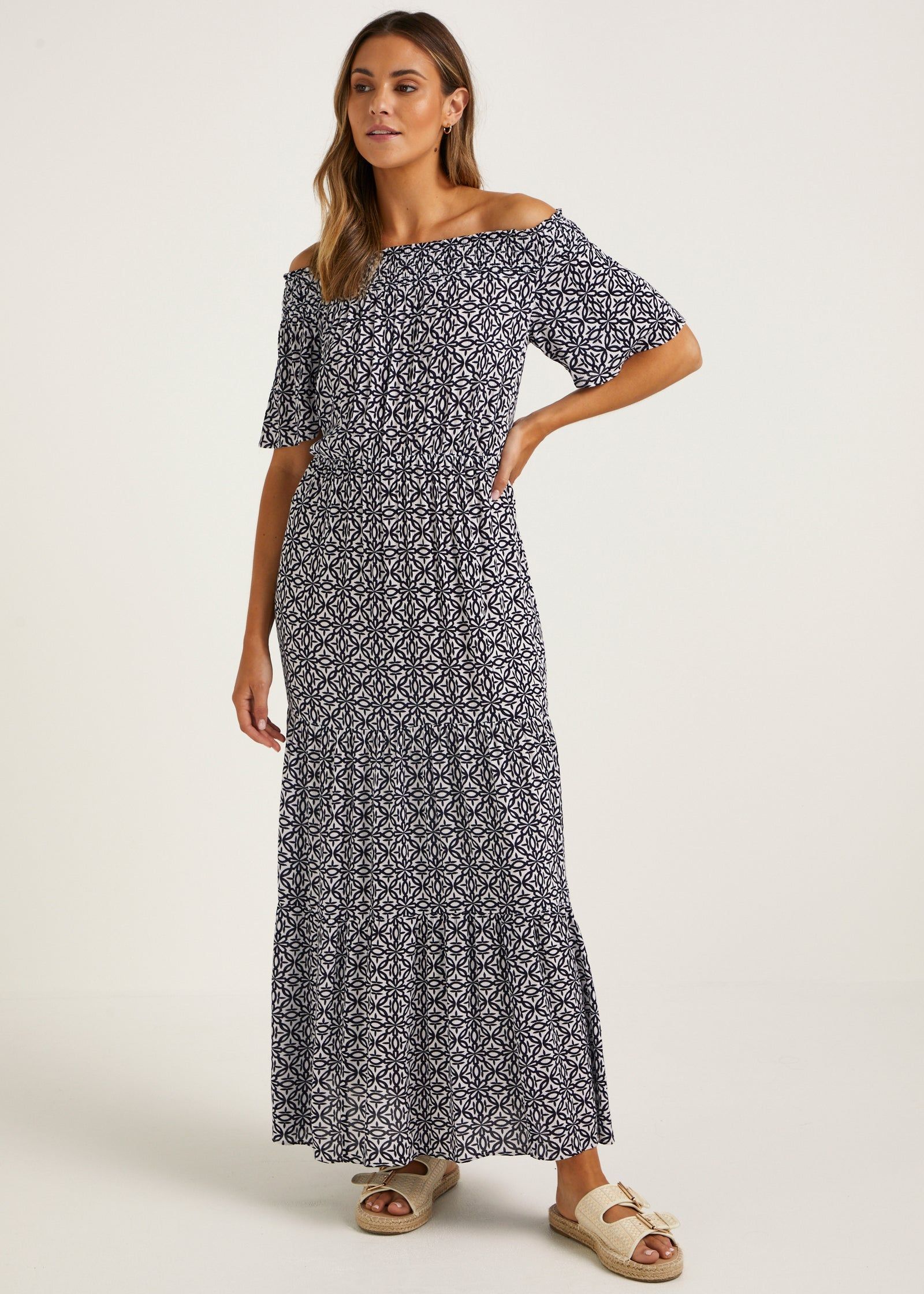 Tile Print Crinkle Bardot Midi Dress